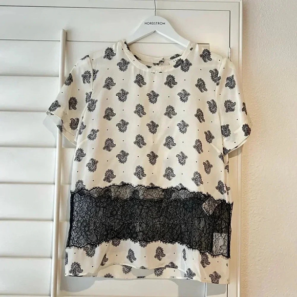 SANDRO PARIS NWT Paisley Print Lace Inset Silk Top Blouse T Shirt 3 M - Picture 1 of 6